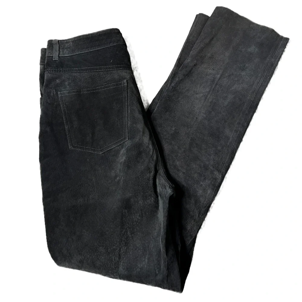 Vintage Shirley France 100% Leather Black Suede Pants Women Size 12 Straight Leg